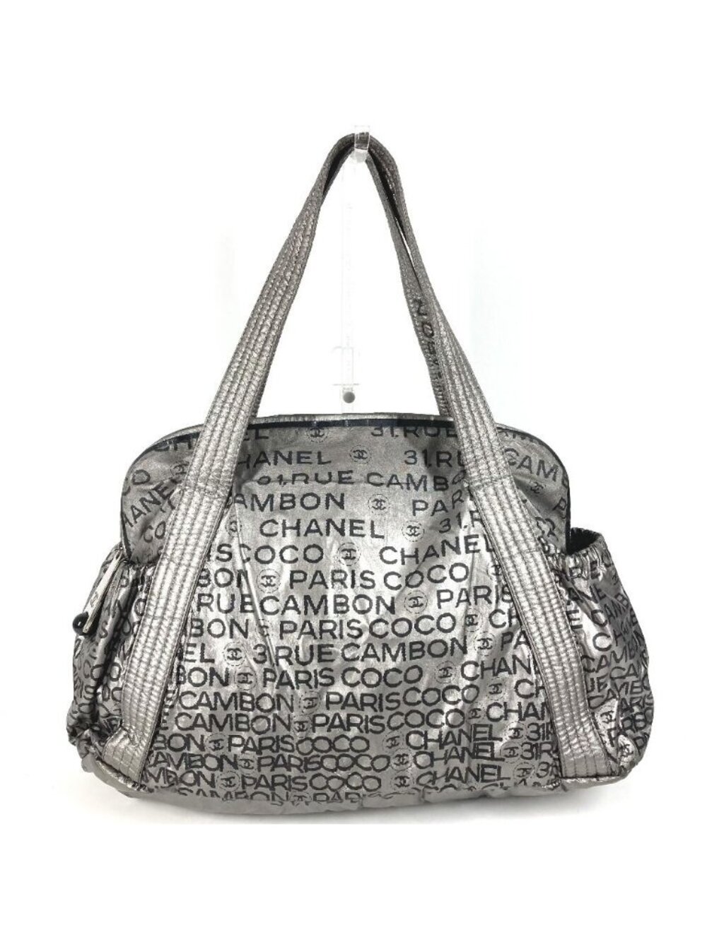 Chanel Boston Bag CC Logo Nylon Canvas Silver